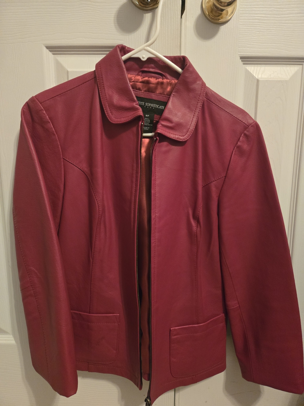 Petite Sophisticate Red Leather Zip Front Jacket